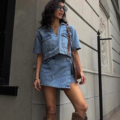 Culotte vaquero de trabajo para mujer, top de verano de manga corta con cuello en V, cintura alta sexy, irregular y asimétrico.