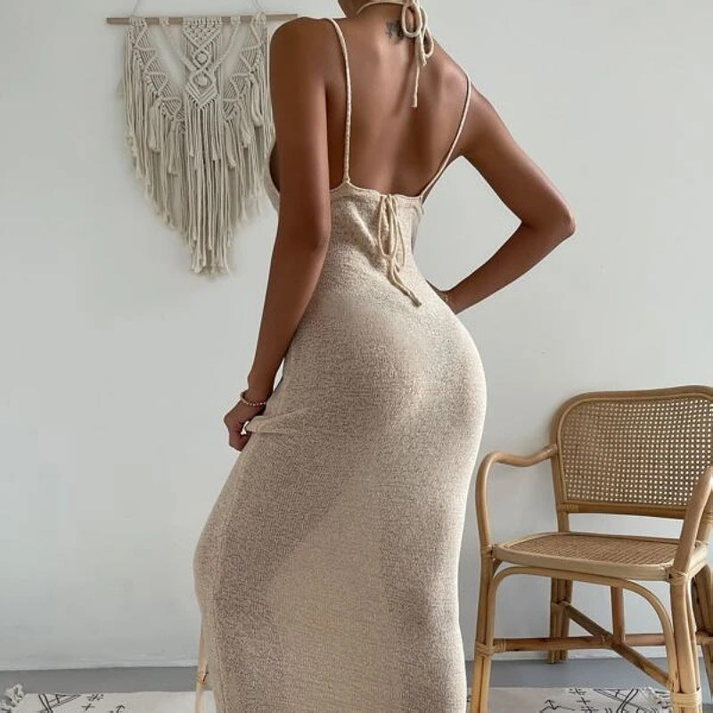 Vestido maxi sexy con escote halter, tirantes finos y encaje para mujer