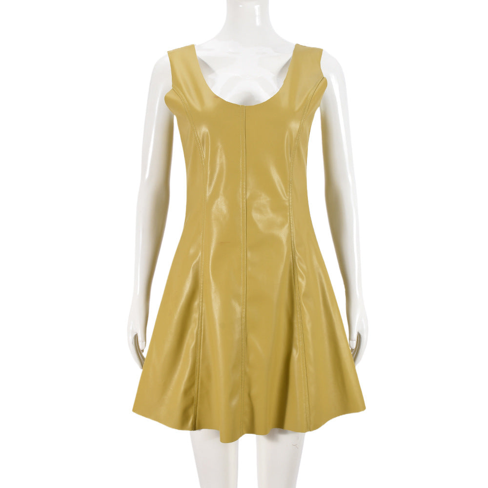 Vestido de piel sintética para mujer, cuello en U, sin mangas, sexy, con parches y personalidad