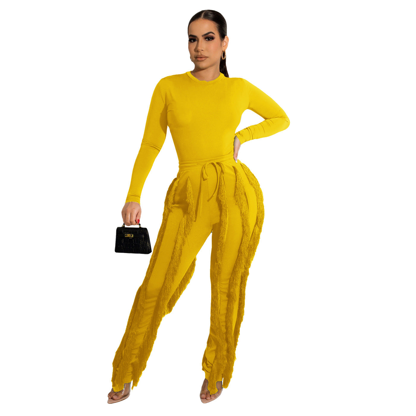 Conjunto de dos piezas formado por mono y pantalón de encaje con borlas para mujer, color liso, deportivo, para otoño e invierno