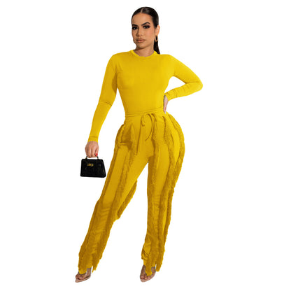 Conjunto de dos piezas formado por mono y pantalón de encaje con borlas para mujer, color liso, deportivo, para otoño e invierno