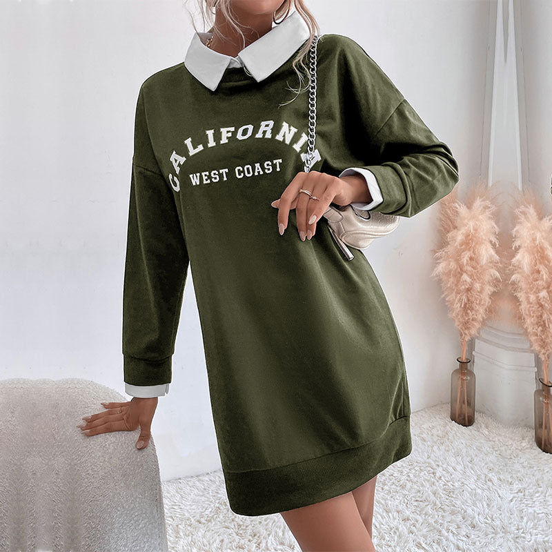 Vestido tipo suéter de manga larga con cuello y patchwork para mujer de otoño