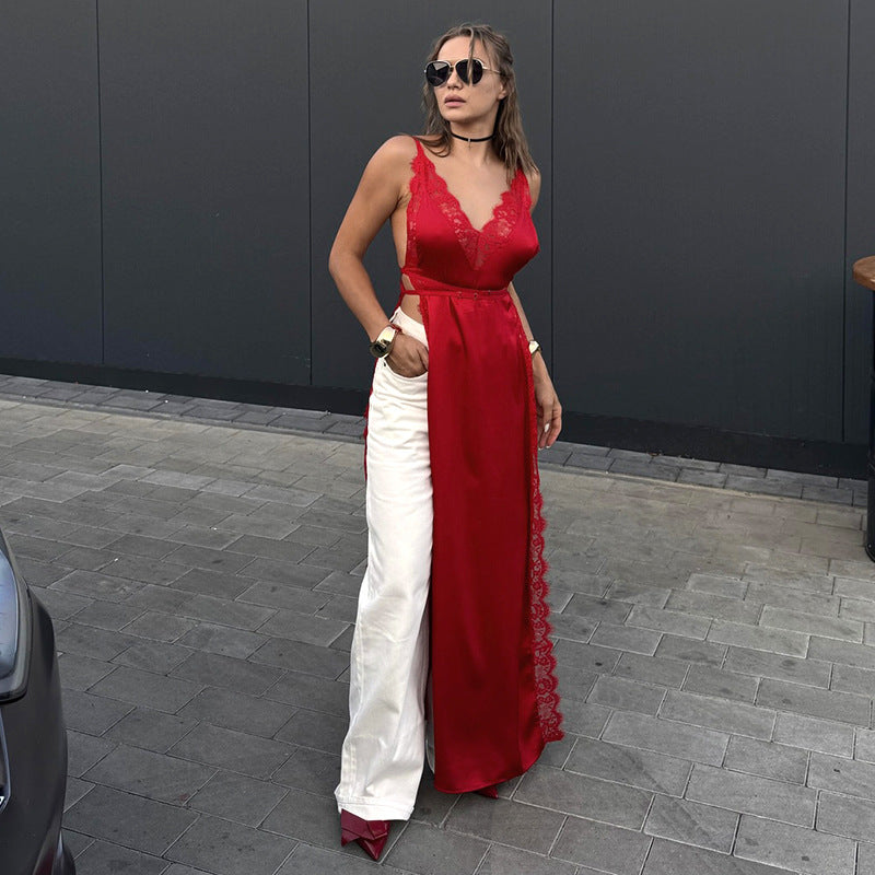 Vestido sexy de primavera y verano con escote en V y encaje de color liso para mujer