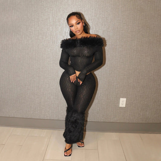 Women Long Sleeved off Shoulder Top Slim Trousers Furry Two Piece Set