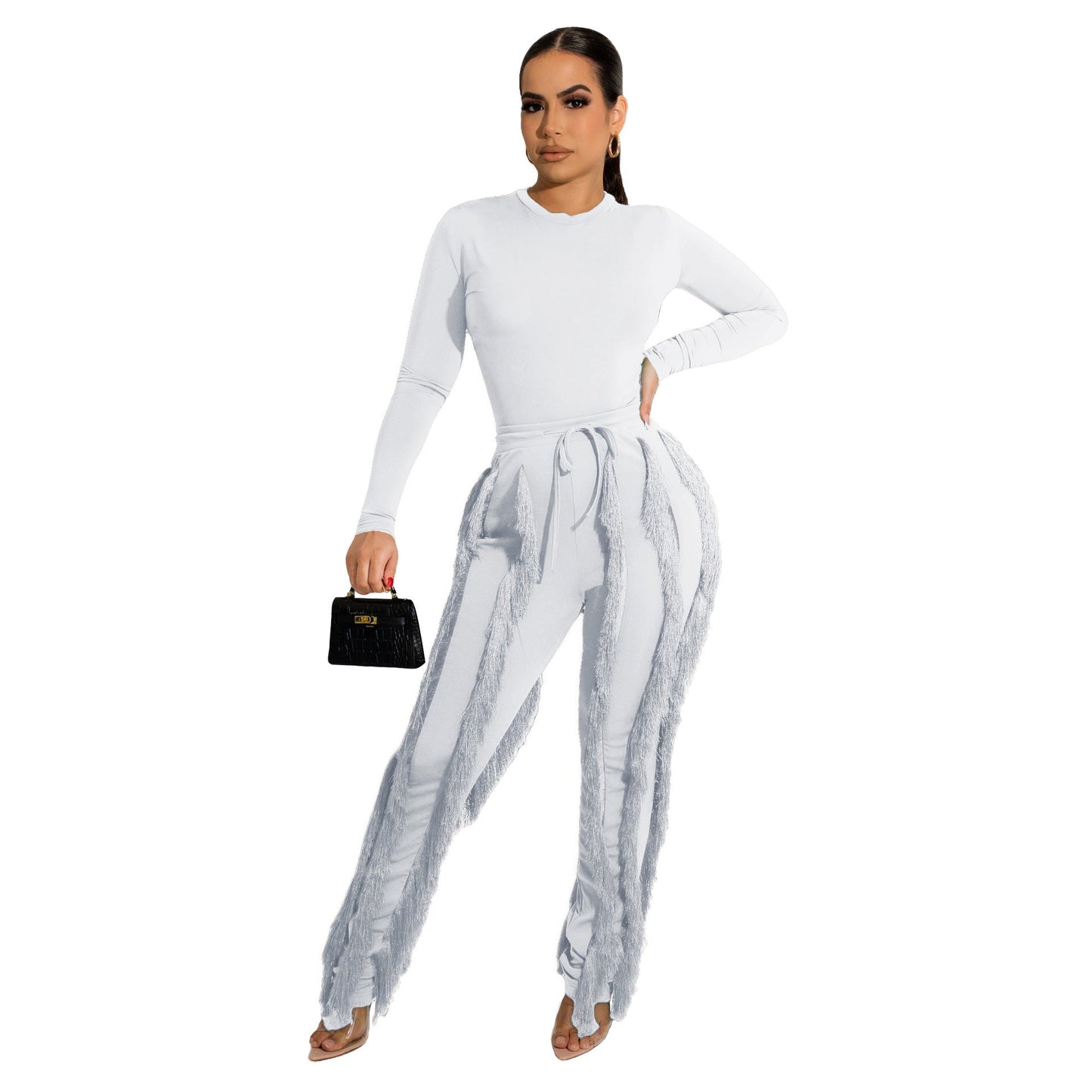 Conjunto de dos piezas formado por mono y pantalón de encaje con borlas para mujer, color liso, deportivo, para otoño e invierno