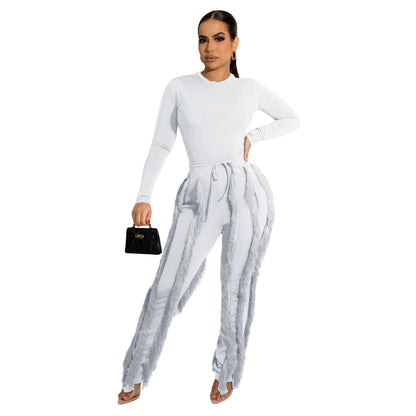 Conjunto de dos piezas formado por mono y pantalón de encaje con borlas para mujer, color liso, deportivo, para otoño e invierno