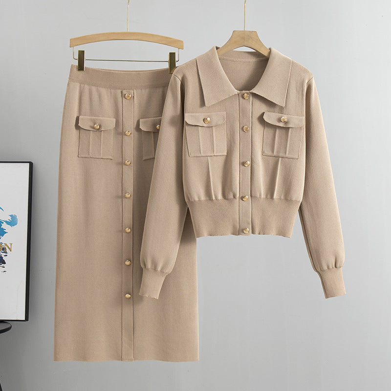 Suéter Chanel con cuello francés para otoño e invierno, cárdigan para mujer, top de punto, falda ajustada, conjunto de dos piezas