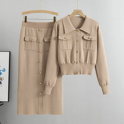 Suéter Chanel con cuello francés para otoño e invierno, cárdigan para mujer, top de punto, falda ajustada, conjunto de dos piezas
