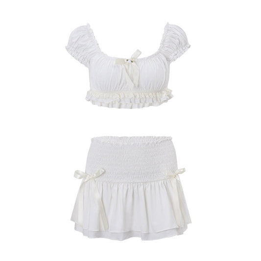 Spring Women Clothing Sexy Short Puff Sleeve Top Low Waist Slim Skirt Set