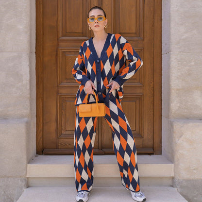 Cárdigan de punto con rombos abstractos geométricos para mujer, suéter informal holgado de una sola botonadura, pantalones de dos piezas para otoño e invierno