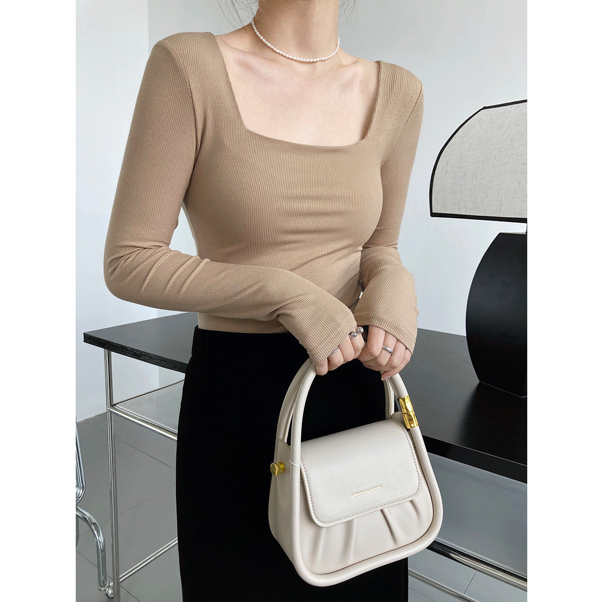 Camiseta de manga larga con cuello cuadrado para mujer, corte entallado, hombros descubiertos, cuello bajo, camiseta corta, parte inferior