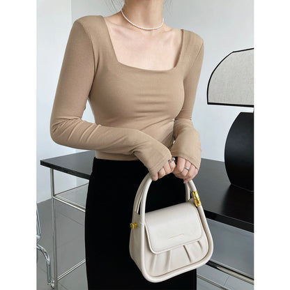 Camiseta de manga larga con cuello cuadrado para mujer, corte entallado, hombros descubiertos, cuello bajo, camiseta corta, parte inferior