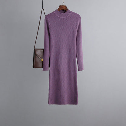 Vestido de punto con cuello alto y manga larga para mujer, prenda exterior de otoño e invierno, fino, por encima de la rodilla, largo medio, moderno