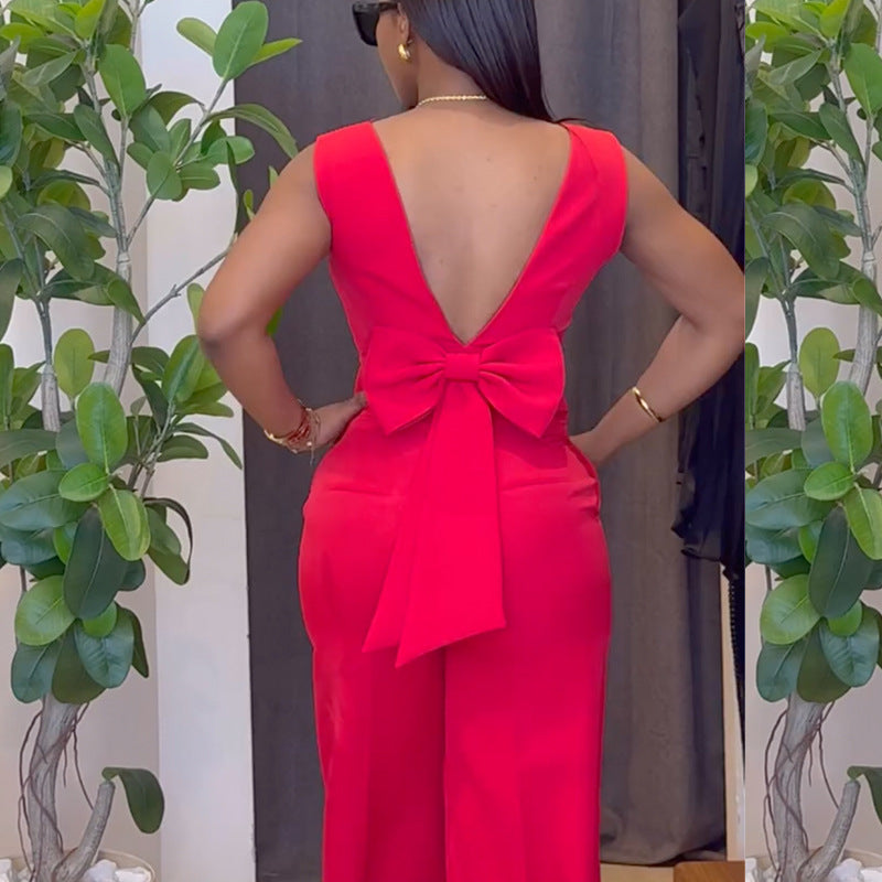 Ropa de mujer Primavera Color sólido Sin espalda Lazo Top Pantalones de pierna ancha Traje casual