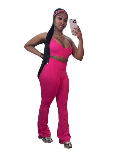 Women Clothing Basic Solid Color Short Top High Waist Bootcut Sports Casual Three Piece Suit Suit