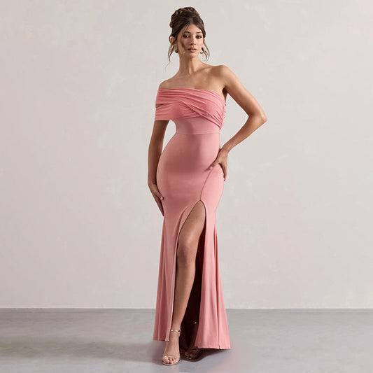Vestido sexy de otoño con hombros descubiertos y costuras de malla para mujer