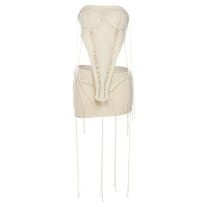 Conjunto de ropa de primavera para mujer, con hombros descubiertos, corte entallado, espalda descubierta, chaleco de punto, falda de tubo de cintura alta