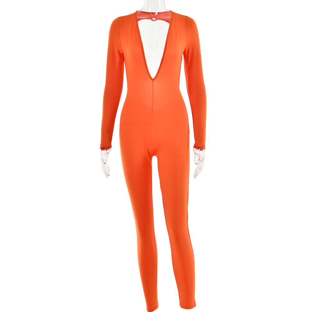 Leggings de manga larga con escote en V profundo de otoño para mujer, mono ajustado sexy sin espalda