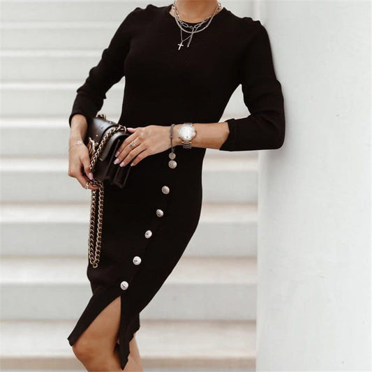 Vestido de punto con botones divididos para mujer, ropa de otoño e invierno
