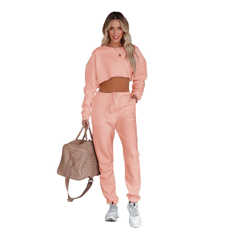 Suéter de cuello redondo de color liso para otoño e invierno, suéter corto de manga larga, ropa de mujer, pantalones casuales con cordón, traje