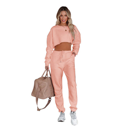 Suéter de cuello redondo de color liso para otoño e invierno, suéter corto de manga larga, ropa de mujer, pantalones casuales con cordón, traje