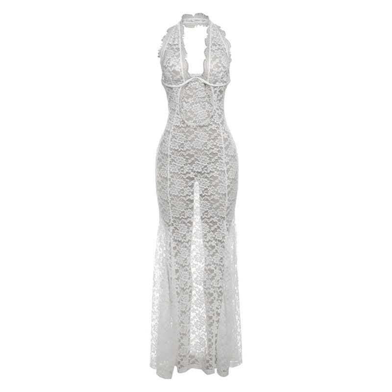 Vestido largo de verano elegante con encaje calado y escote halter para mujer, vestido sexy sin espalda de color liso