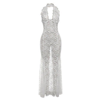 Vestido largo de verano elegante con encaje calado y escote halter para mujer, vestido sexy sin espalda de color liso