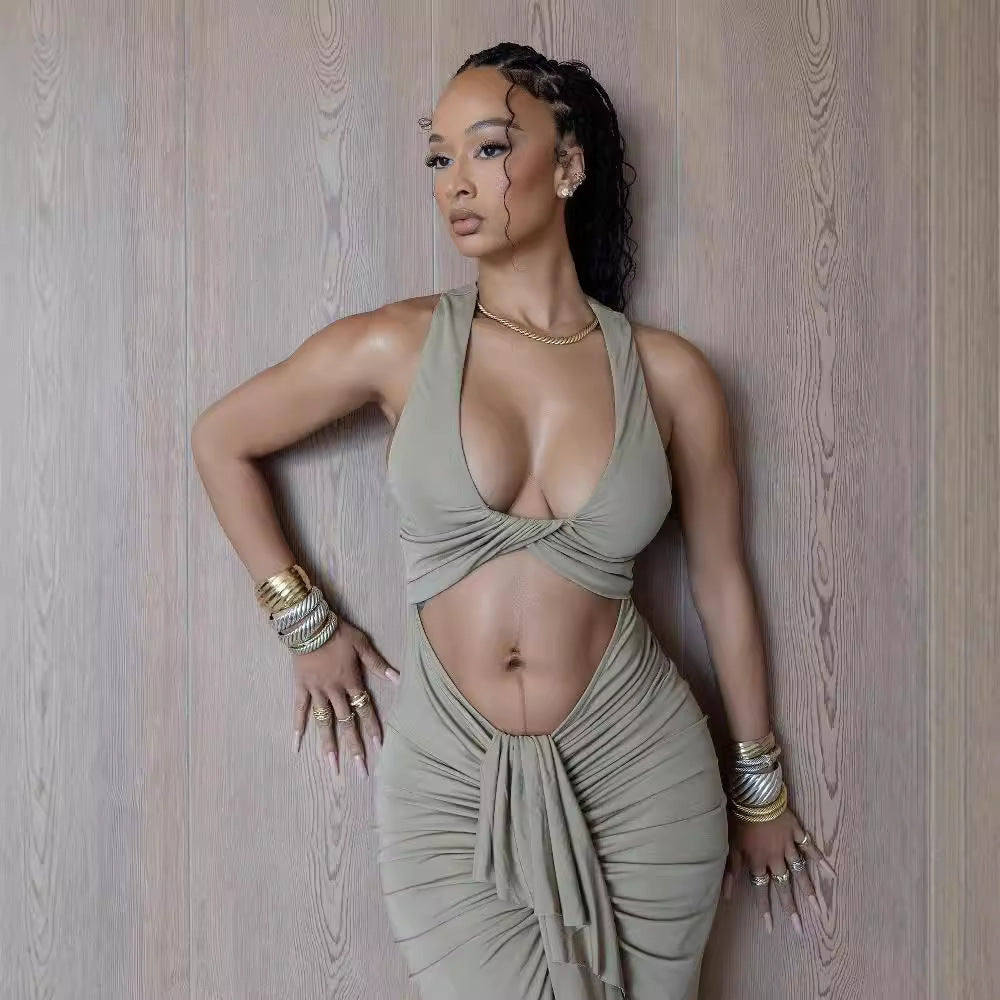 Vestido sexy con aberturas y encaje para mujer, vestido plisado con cuello halter, sin mangas y cola de pez