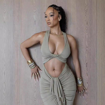 Vestido sexy con aberturas y encaje para mujer, vestido plisado con cuello halter, sin mangas y cola de pez
