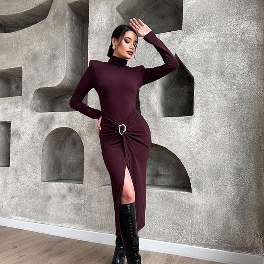 Vestido de otoño para mujer, cuello alto, manga larga, cintura alta, sexy, ajustado, con abertura y bolso de cadera