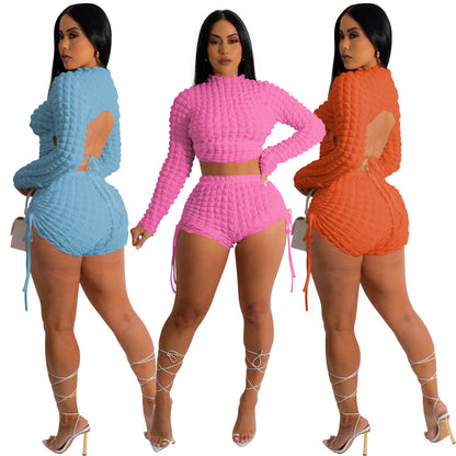 Conjunto de dos piezas con espalda descubierta y estampado de palomitas de maíz sexy para mujer