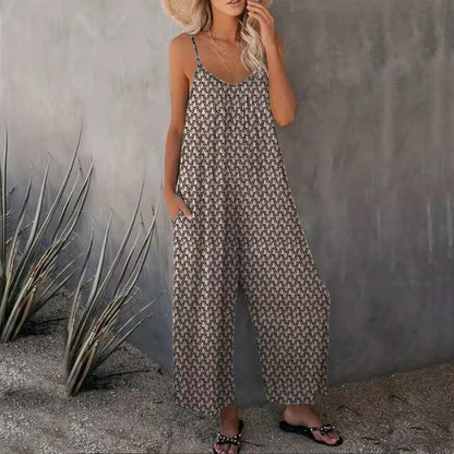 Mono de verano para mujer, estampado informal, sin mangas, holgado, de pierna ancha