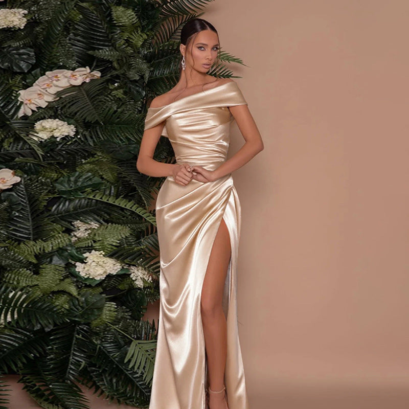 Vestido mercerizado con hombros descubiertos y abertura para mujer, ropa de alta sociedad, vestido maxi sexy con abertura
