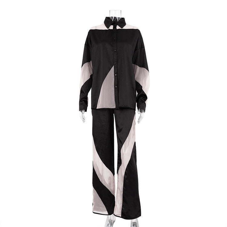 Conjuntos de costura de principios de otoño transparentes, camisa de manga larga, pantalones de cintura alta, ropa elegante de satén para mujer