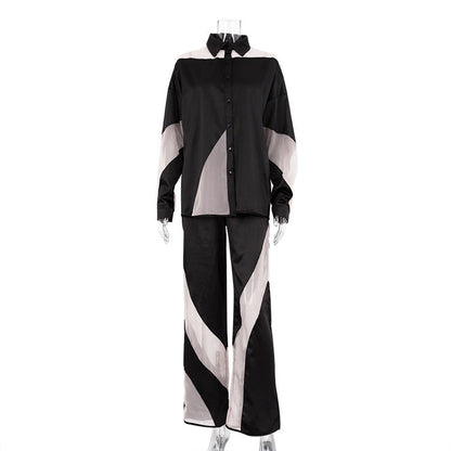 Conjuntos de costura de principios de otoño transparentes, camisa de manga larga, pantalones de cintura alta, ropa elegante de satén para mujer