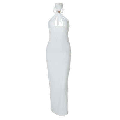 Women Clothing Winter Solid Color Tied Halter Sexy Cutout Slim Fit Dress
