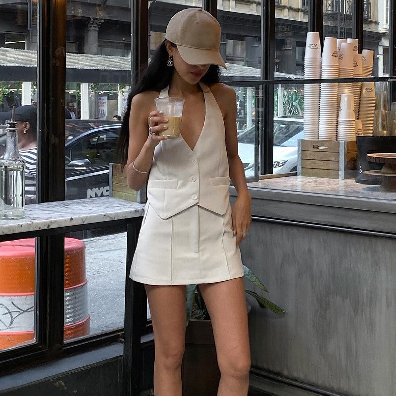 Conjunto de ropa de verano para mujer, sexy, con cuello halter y bolsillos falsos, falda acampanada