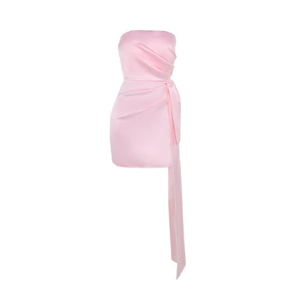 Vestido tubo elegante y sexy de satén ajustado con lazo para mujer de la alta sociedad de otoño