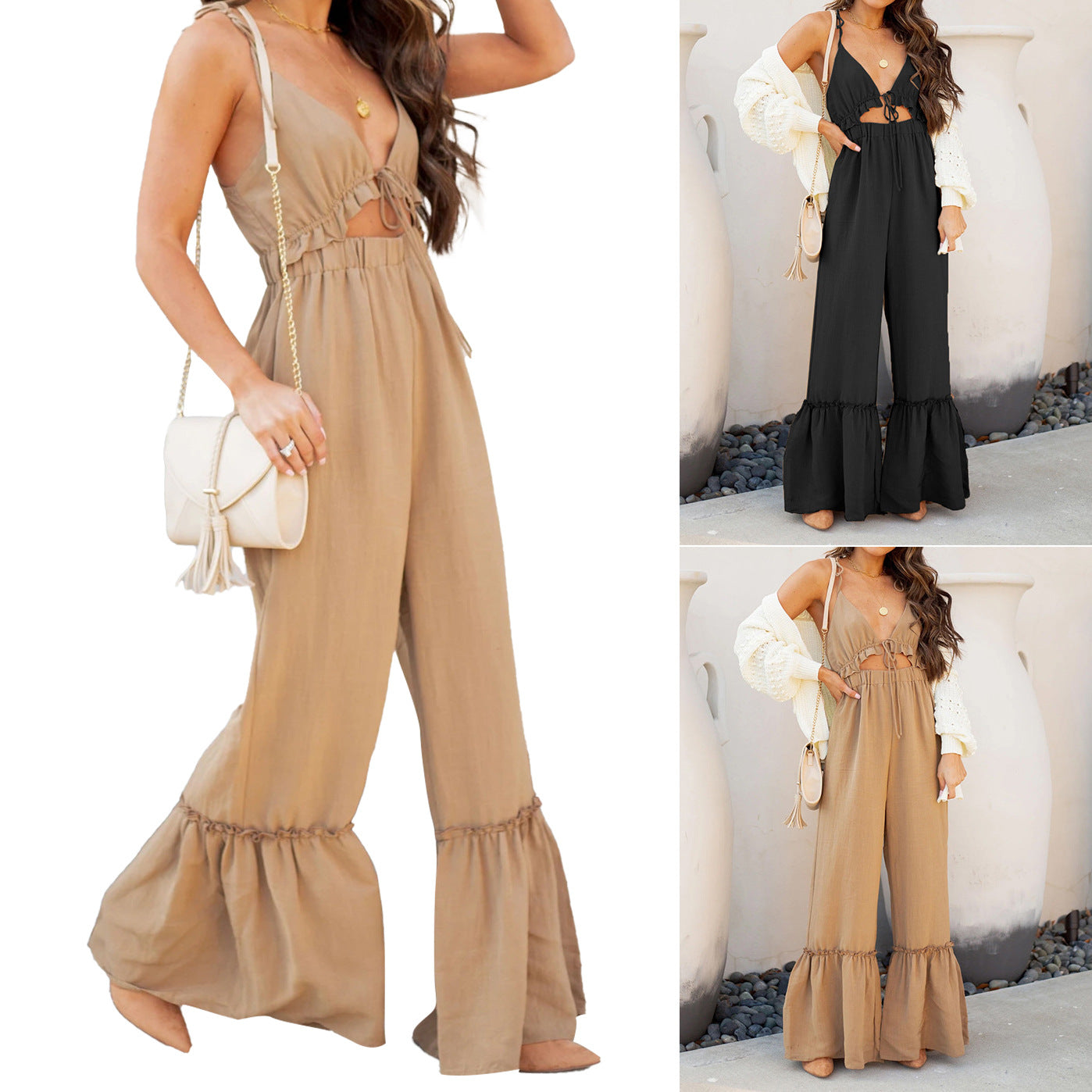 Mono sexy de verano de color sólido con tirantes y cuerno para mujer