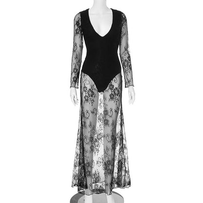 Women Clothing Deep V Plunge Lace Stitching Lining Base Sexy Dress