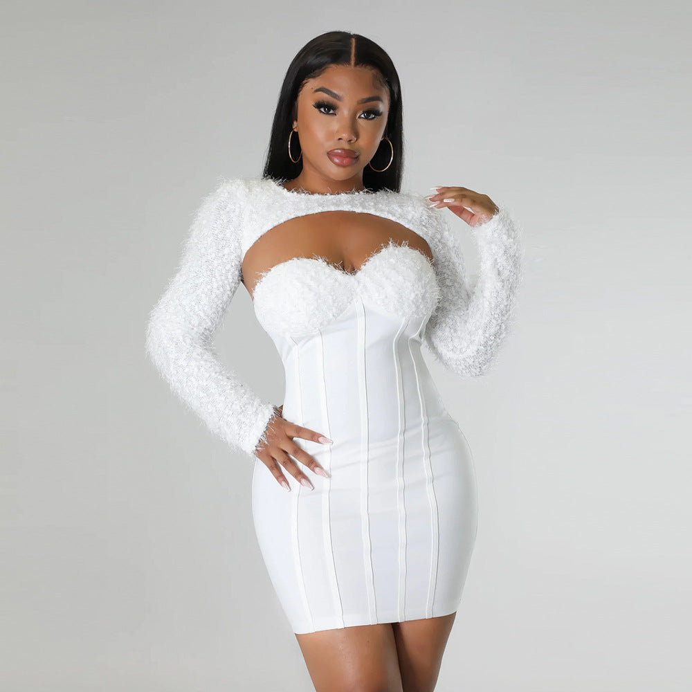 Vestido de dos piezas para mujer, con top de tubo sexy, cintura ceñida, chaleco pequeño, para Navidad, otoño e invierno