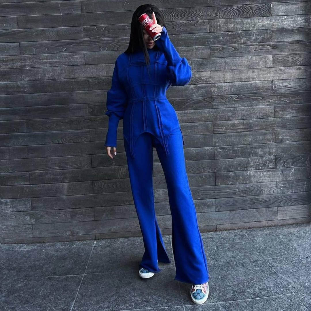 Conjuntos de sudadera con capucha de color sólido, jersey de cuello redondo, pantalones rectos divididos, conjuntos casuales de dos piezas