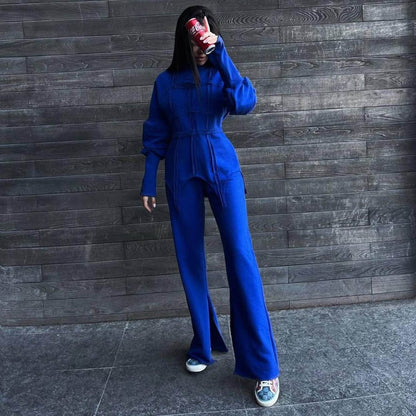 Conjuntos de sudadera con capucha de color sólido, jersey de cuello redondo, pantalones rectos divididos, conjuntos casuales de dos piezas