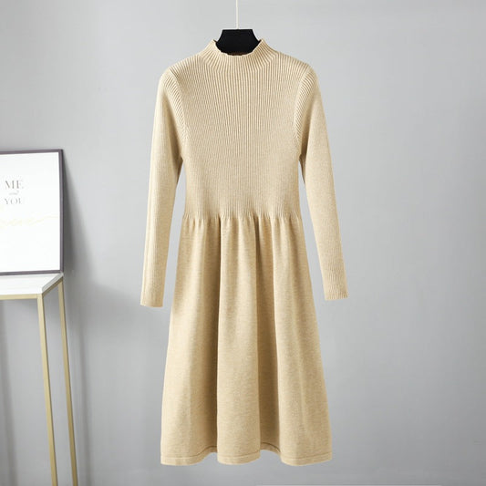 Half Turtleneck Knitted Dress Autumn Winter Long Sleeve Waist Controlled Base Slim Black Woolen Women