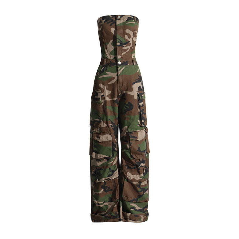Mono de mujer con estampado de camuflaje personalizado y a la moda, estilo bandeau, ajustado, ropa de trabajo adelgazante, pantalones casuales para mujer