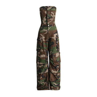 Mono de mujer con estampado de camuflaje personalizado y a la moda, estilo bandeau, ajustado, ropa de trabajo adelgazante, pantalones casuales para mujer