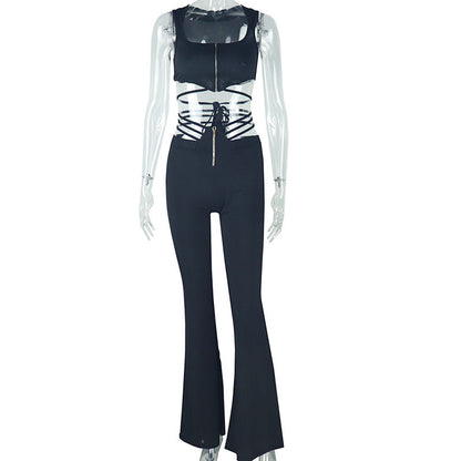 Conjunto de top negro sexy sin mangas con cintura alta y pantalones deportivos ajustados para mujer