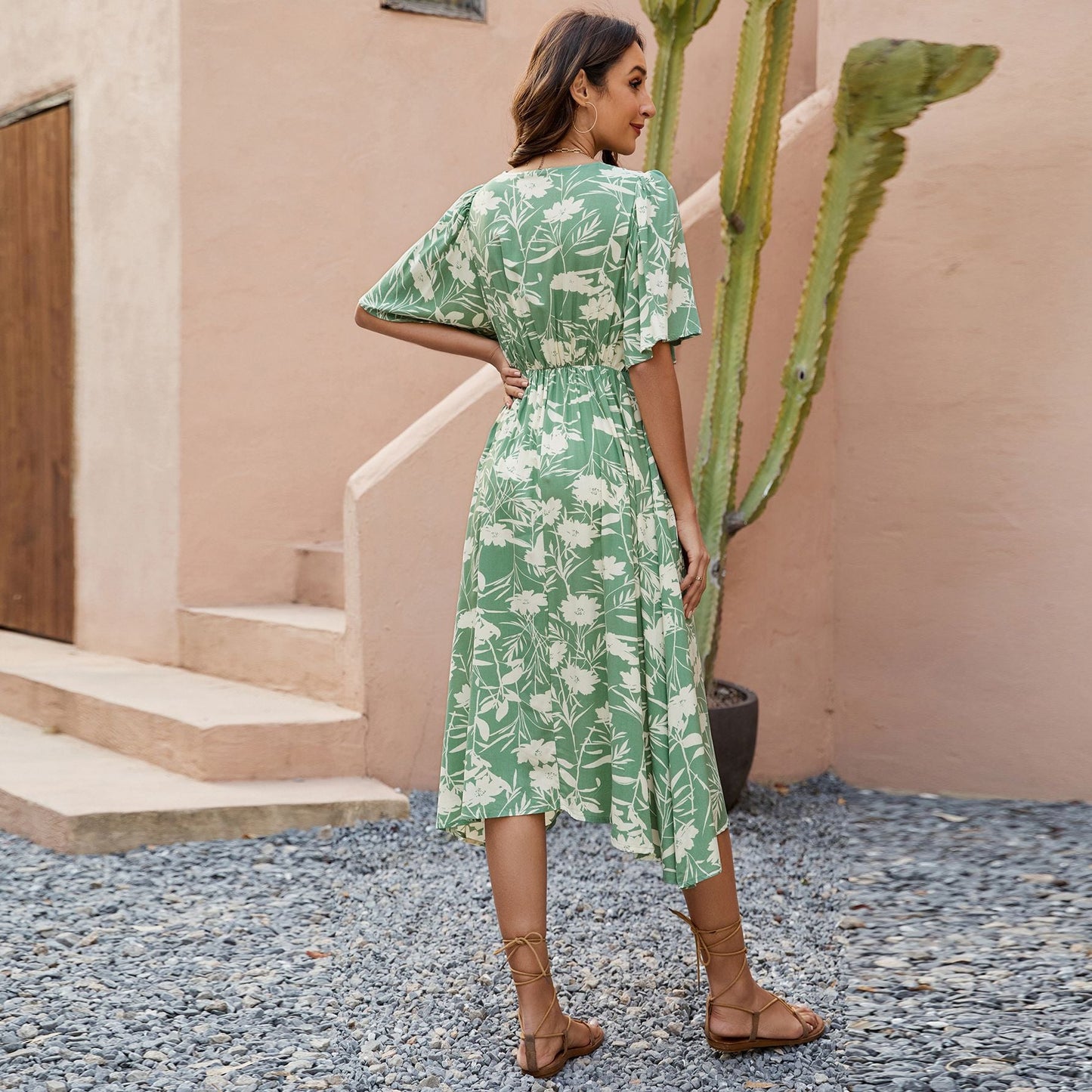 Vestido bohemio para mujer, estampado, cuello en V, manga corta, cintura ajustada, para fiesta de playa
