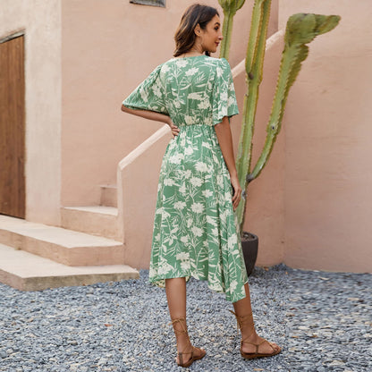 Vestido bohemio para mujer, estampado, cuello en V, manga corta, cintura ajustada, para fiesta de playa