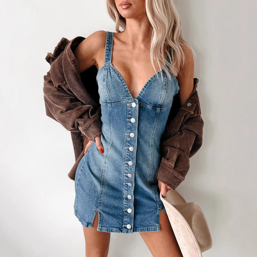 Vestido vaquero retro con tirantes tipo cárdigan de verano para mujer